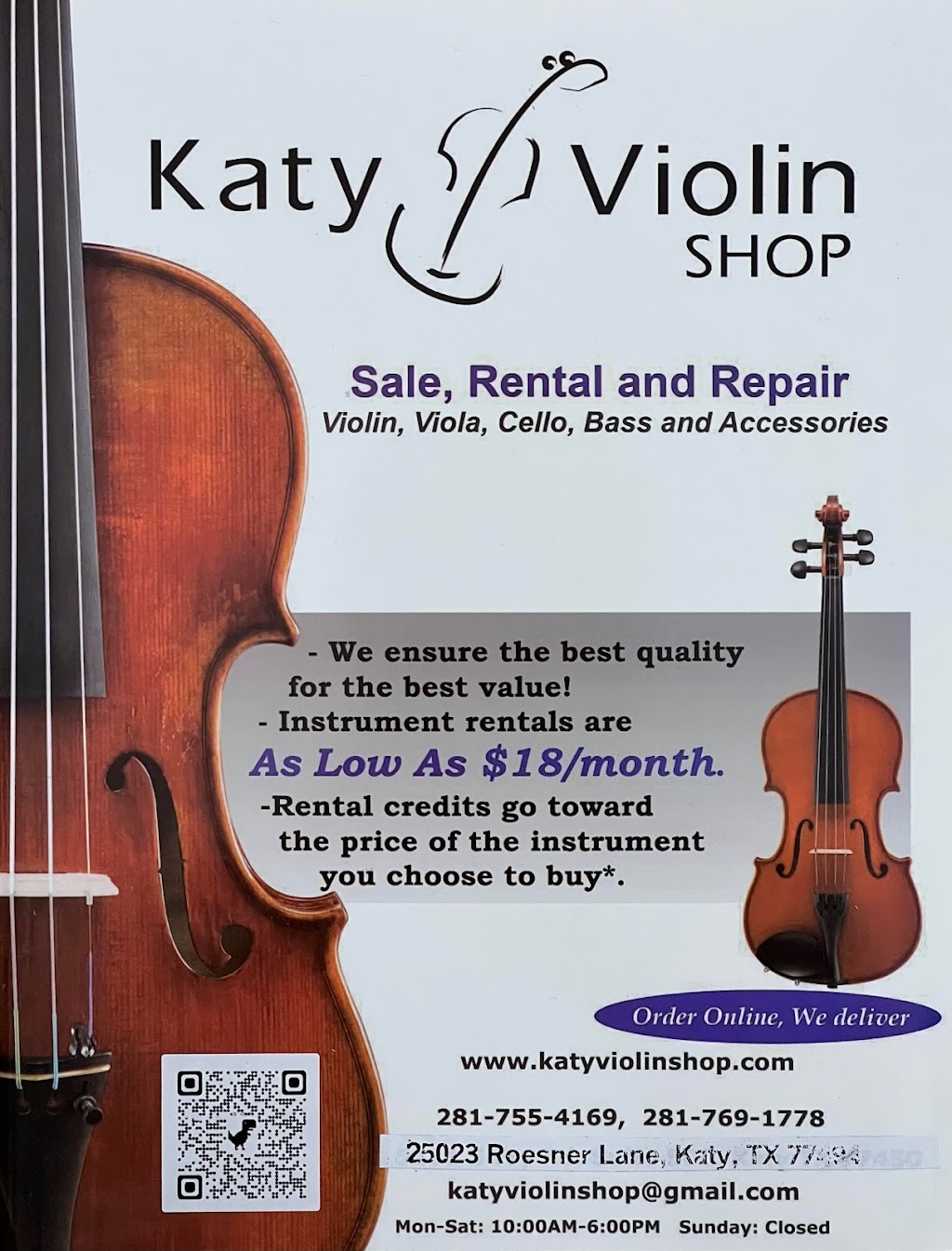 Katy Violin Shop | 25023 Roesner Ln, Katy, TX 77494 | Phone: (281) 755-4169